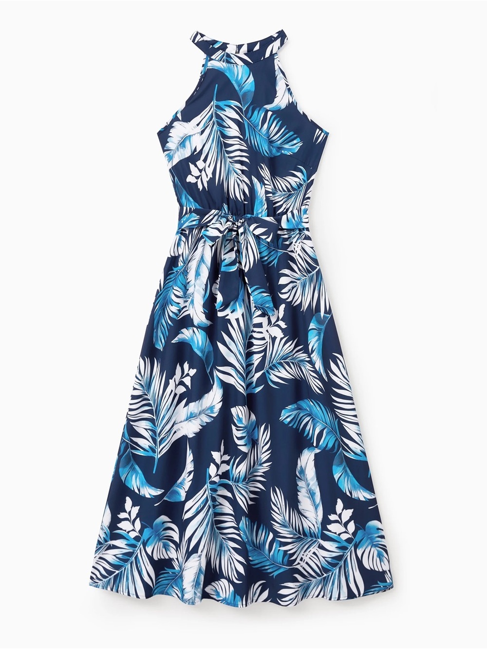 PatPat Navy Blue Tropical Halter Midi Dress with White & Teal Leaf Print